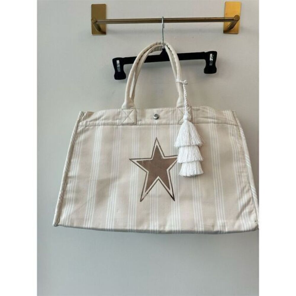 Quilted Koala Beige Canvas Tote Bag Star Design Tassel Accents